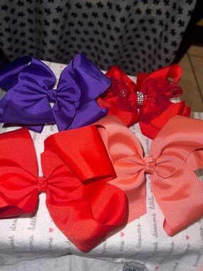 Girls Large Hair Bow Set in Red, Coral & Purple